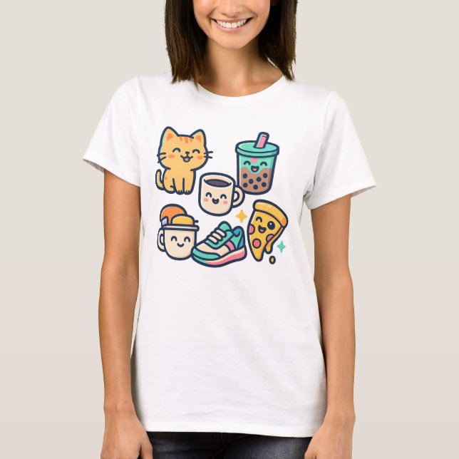 Camiseta Gato de Kawaii, pizza, té de burbujas y café - Div (Anverso)