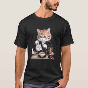 Camiseta Gato de kimono bebiendo té Arte grabado en madera