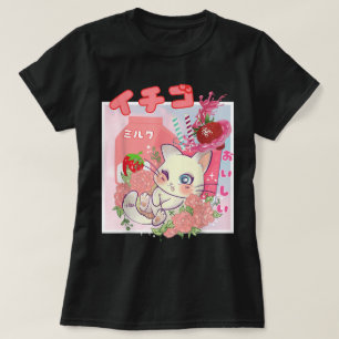Camiseta Gato de Leche de Fresa Estética Kawaii