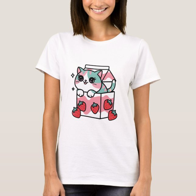 Camiseta Gato de leche de fresa Kawaii (Anverso)