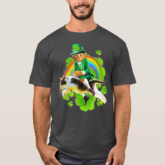 Camiseta Gato de Leprechaun montando en el arco iris (Anverso)
