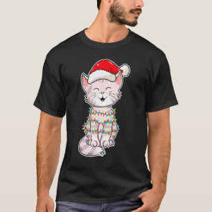 Camiseta Gato de Luces de Navidad con Gorro de Navidad Gato