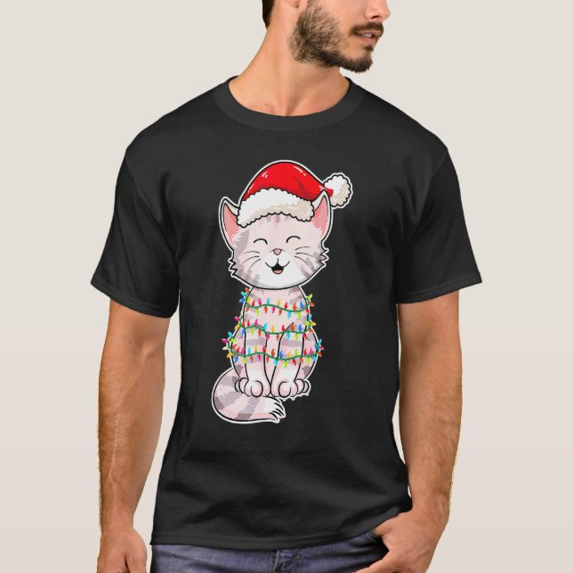 Camiseta Gato de Luces de Navidad con Gorro de Navidad Gato (Anverso)