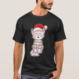 Camiseta Gato de Luces de Navidad con Gorro de Navidad Gato