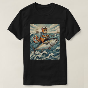 Camiseta Gato de marinero divertido montando atún vintage