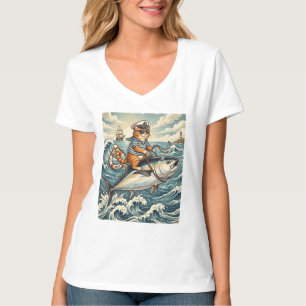 Camiseta Gato de marinero divertido montando atún vintage