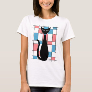 Camiseta Gato de medio siglo con rectángulos azul y rosa
