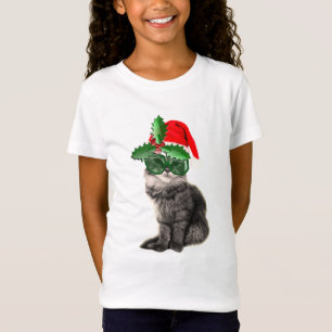 Camiseta Gato de moda posando con el gorra de Santa Claus