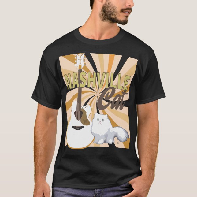 Camiseta Gato de Nashville Persa Blanco con Guitarra F blan (Anverso)