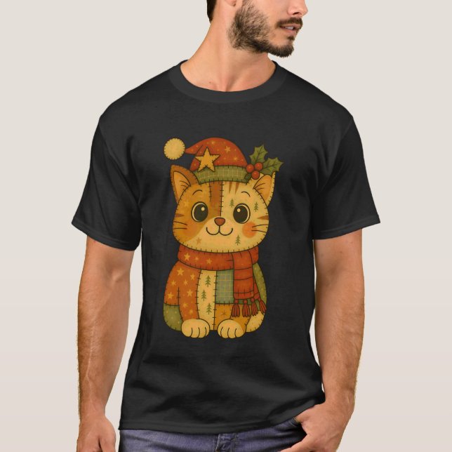 Camiseta Gato de Navidad de patchwork con sombrero de Santa (Anverso)