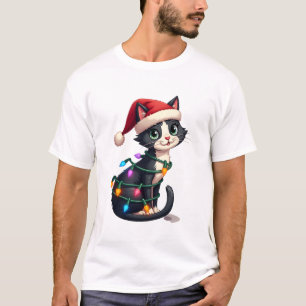 Camiseta Gato de Navidad Esmoquin gato negro luces de navid