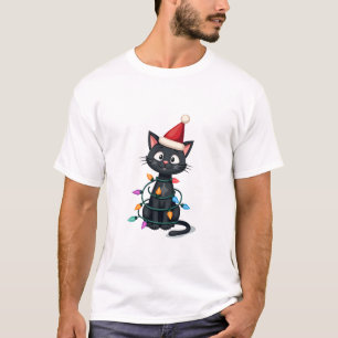 Camiseta Gato de Navidad Esmoquin gato negro luces de navid