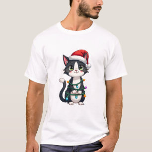 Camiseta Gato de Navidad Esmoquin gato negro luces de navid