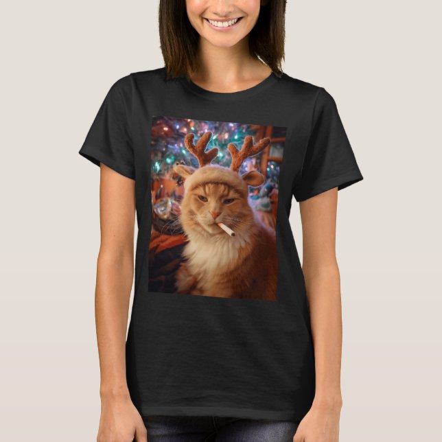 Camiseta Gato de Navidad Fumando Cigarrillo Meme Gen Z Como (Anverso)