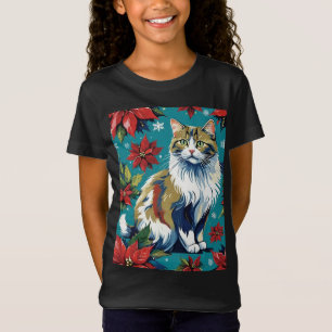 Camiseta Gato De Navidades Adorables Con Poinsettias