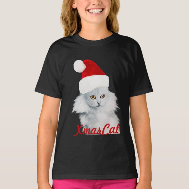 CAMISETA GATO DE NAVIDADES BLANCOS CON GORRA DE SANTA CLAUS (Anverso)