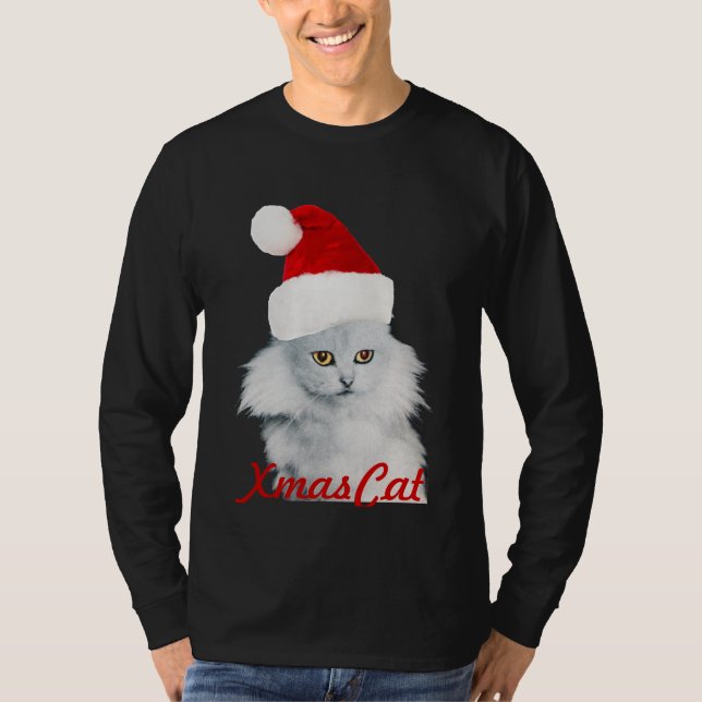 CAMISETA GATO DE NAVIDADES BLANCOS CON GORRA DE SANTA CLAUS (Anverso)