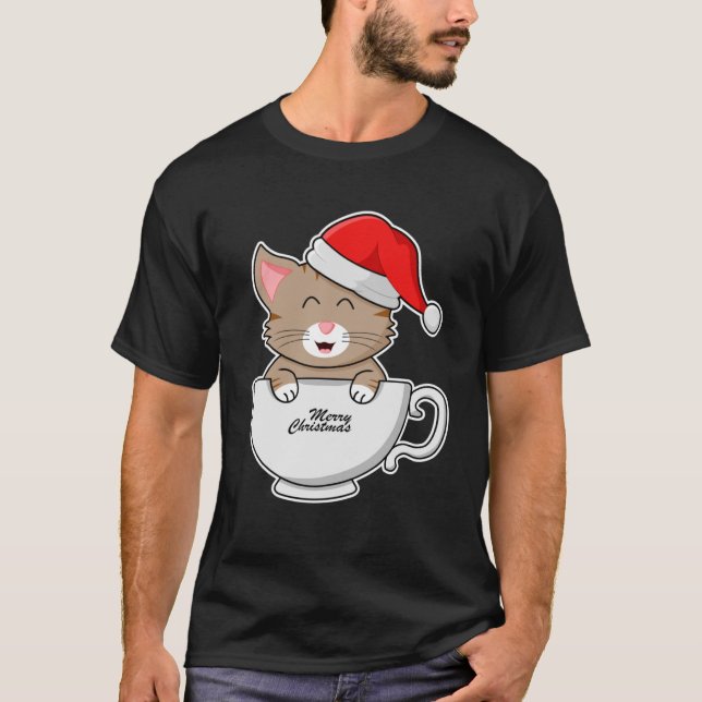 Camiseta Gato De navidades Con Sombrero De Santa En Una Cop (Anverso)