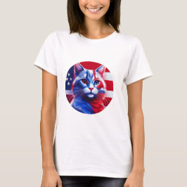Camiseta Gato De Neón Blanco Y Azul Rojo Con Bandera Aneric