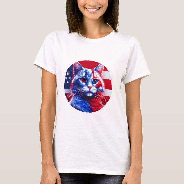Camiseta Gato De Neón Blanco Y Azul Rojo Con Bandera Aneric (Anverso)