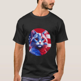 Camiseta Gato De Neón Blanco Y Azul Rojo Con Bandera Aneric