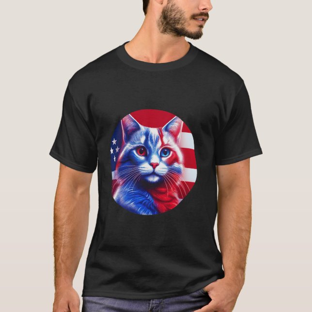 Camiseta Gato De Neón Blanco Y Azul Rojo Con Bandera Aneric (Anverso)