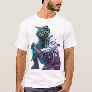 Camiseta Gato de neón Cyberpunk en calzada urbana