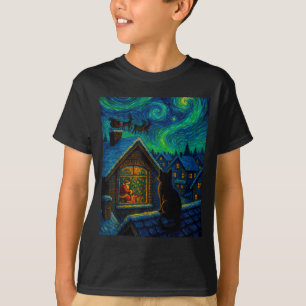 Camiseta Gato de Noche Estrellada viendo a Santa estilo Van
