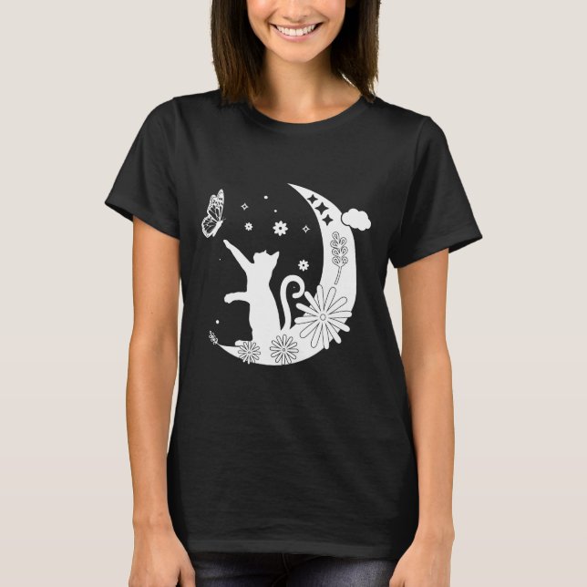 Camiseta Gato De Noche Floral Sentado En La Luna Con Maripo (Anverso)