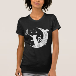 Camiseta Gato De Noche Floral Sentado En La Luna Con Maripo