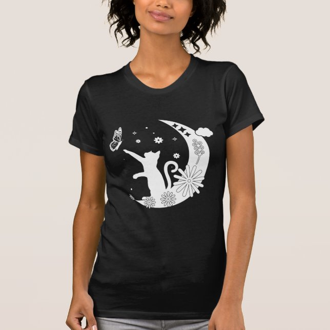 Camiseta Gato De Noche Floral Sentado En La Luna Con Maripo (Anverso)