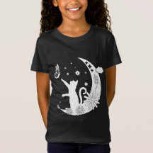 Gato De Noche Floral Sentado En La Luna Con Maripo
