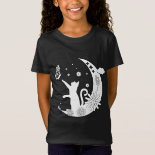 Camiseta Gato De Noche Floral Sentado En La Luna Con Maripo