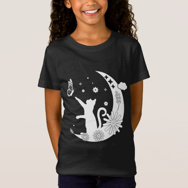 Camiseta Gato De Noche Floral Sentado En La Luna Con Maripo (Anverso)