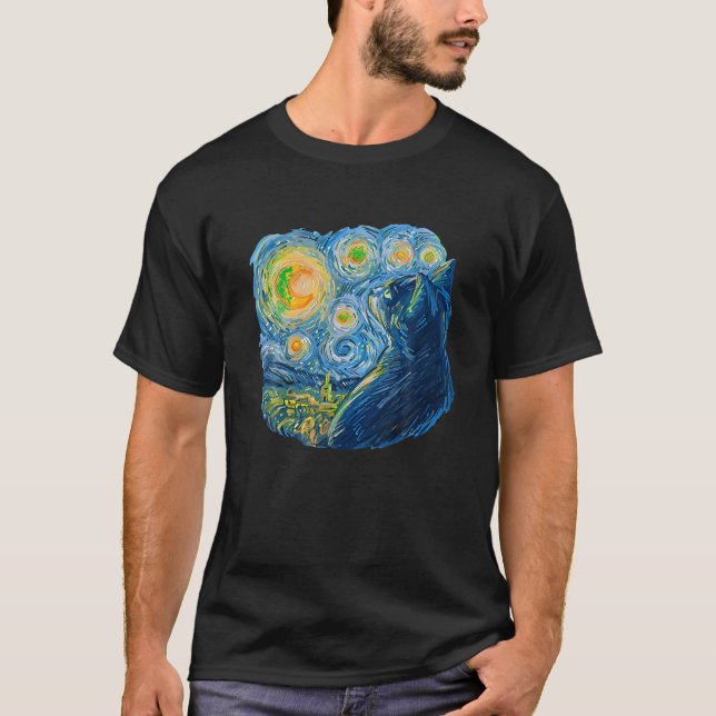 Camiseta Gato de Noche Starry van Gogh Famoso Pintando Cami (Anverso)