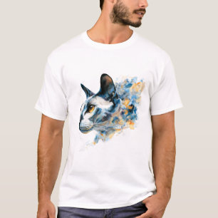 Camiseta Gato de perfil en acuarela soñadora azul dorado ab