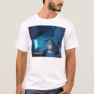 Camiseta Gato de píxel cansado en la computadora portátil p