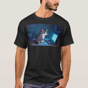 Camiseta Gato de píxeles trabajando en portátil a altas hor