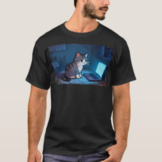 Camiseta Gato de píxeles trabajando en portátil a altas hor