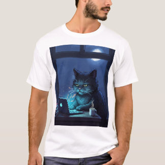 Camiseta Gato de píxeles trabajando hasta tarde en la noche