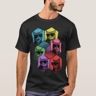 Camiseta Gato de Pop Art con Gafas de Sol en Cuadrícula Hex