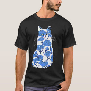 Camiseta Gato de porcelana Gráfico de gato con flores azule