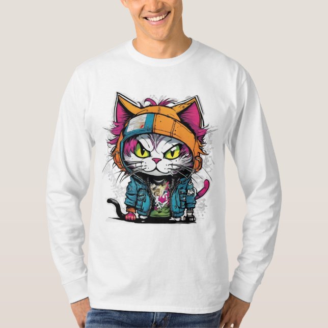 Camiseta Gato de punk con audífonos y chaqueta (Anverso)