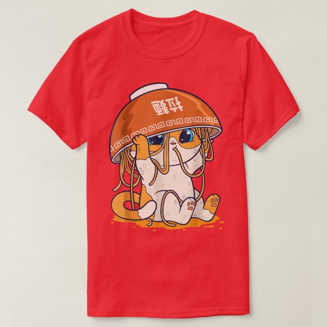 Camiseta Gato de Ramen Neko comiendo fideos animados de com (Diseño del anverso)