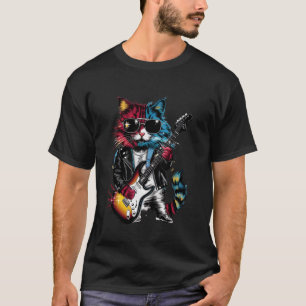 Camiseta Gato de Rock Colorido Tocando Guitarra