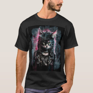 Camiseta Gato de rock de punk con pelo rosado y chaqueta de