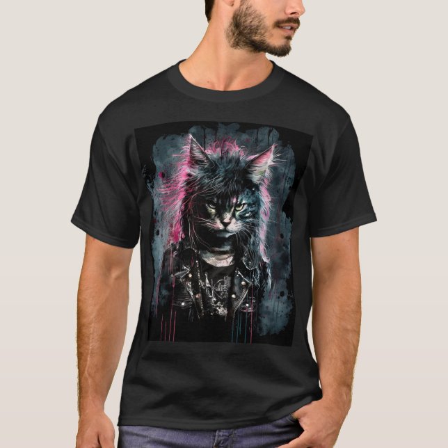 Camiseta Gato de rock de punk con pelo rosado y chaqueta de (Anverso)