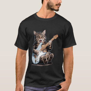 Camiseta Gato de Rock Divertido Tocando Guitarra Eléctrica
