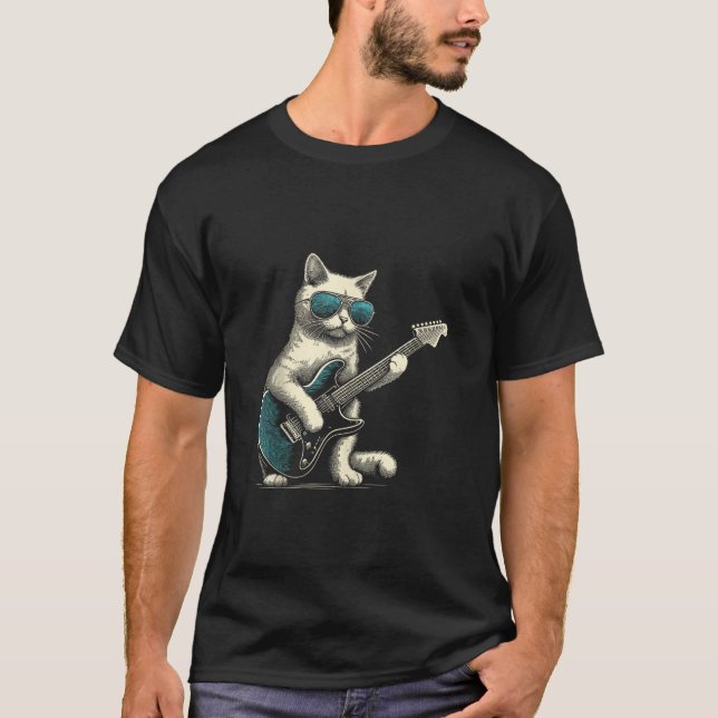 Camiseta Gato de rock tocando guitarra Graciosa Guitarista  (Anverso)