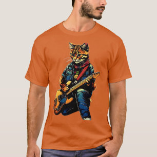 Camiseta Gato de rock tocando guitarra Graciosa Guitarra Ga